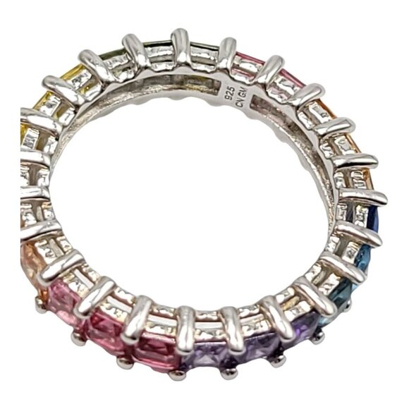 GM .925 Sterling Silver Rainbow Multi-Color Stone Eternity Ring Size 8 - Picture 6 of 6